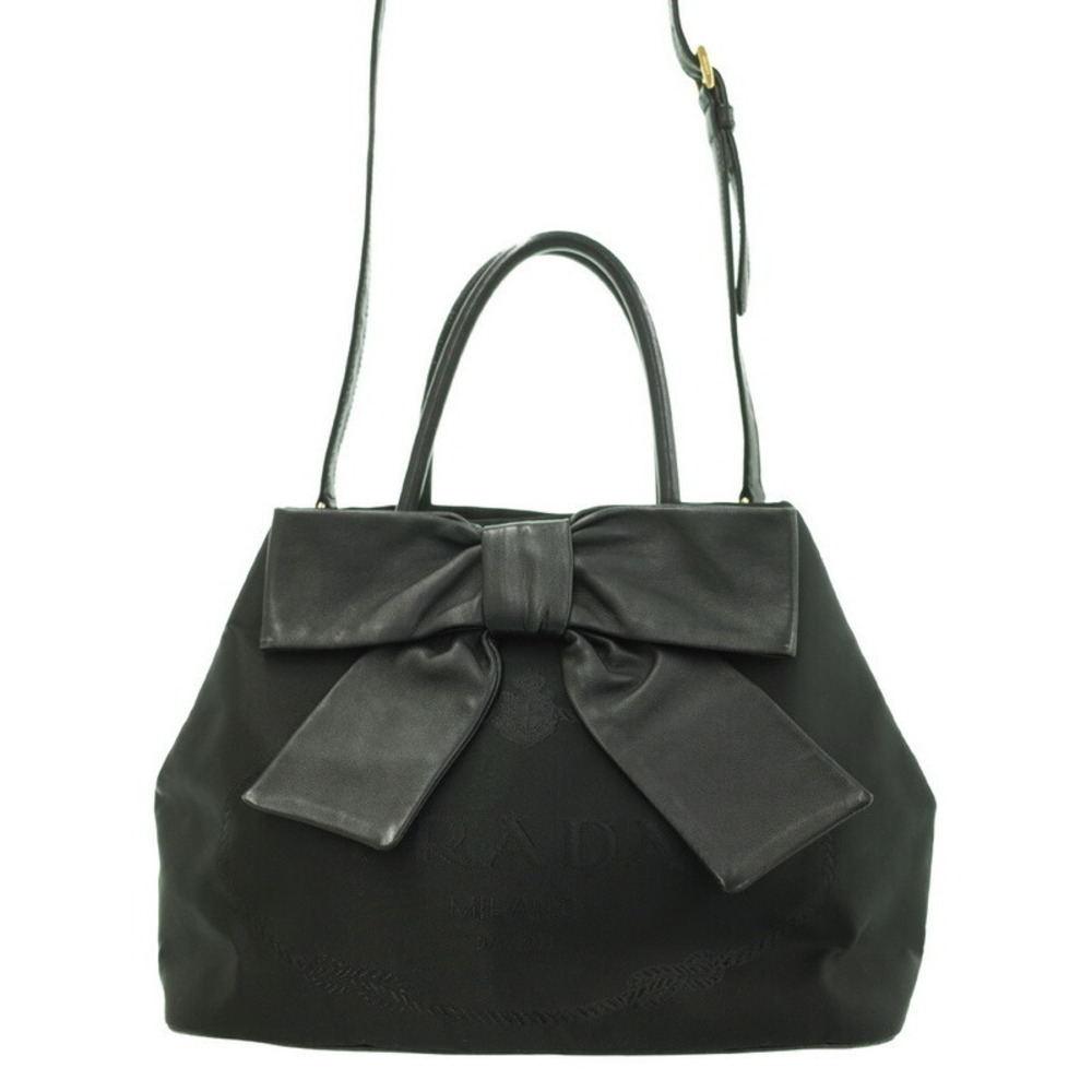 Prada Tessuto Bow convertible handbag black prominent leather ribbon